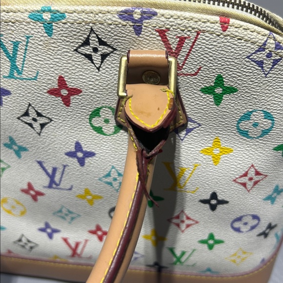 White with Colorful Monogram Pattern Purse Bag with Handles and Shoulder Strap - Picture 7 of 16